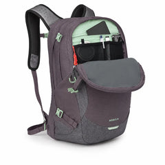 Osprey Nebula 32 Graphite-Purple Heather backpack with organizer compartment open