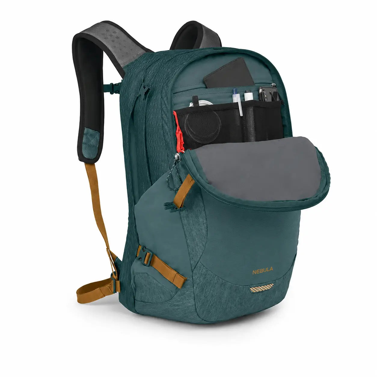 Osprey Nebula 32 Torrent Blue Heather backpack with organizer compartment open