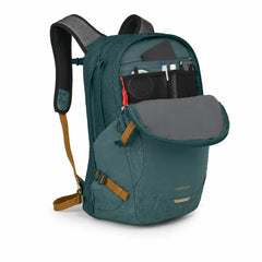 Osprey Nebula 32 Torrent Blue Heather backpack with organizer compartment open