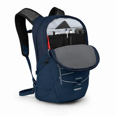 Osprey Quasar 26 Atlas Blue backpack with organizer compartment open
