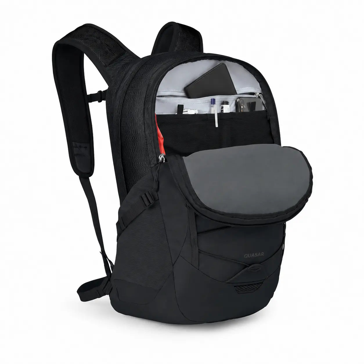 Osprey Quasar 26 Black backpack with organizer compartment open