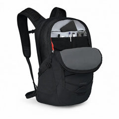 Osprey Quasar 26 Black backpack with organizer compartment open