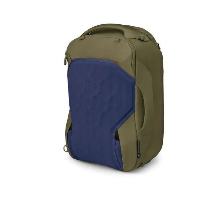 Osprey Sojourn Porter 46L (2026) - rear view with harness stowed, shown in Moss Green