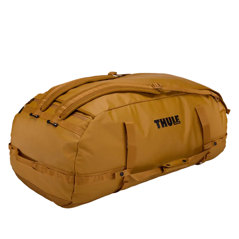 Thule Chasm 130L Golden Brown duffel, backpack straps and reverse view