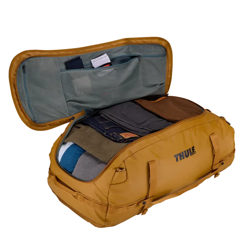 Thule Chasm 130L Golden Brown duffel, open main compartment