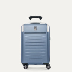 Front view of the Travelpro Platinum Elite Compact Carry-On Hardside Spinner in Dark Sky Blue, showing the durable polycarbonate shell, precision-engineered telescoping handle, and self-aligning spinner wheels.