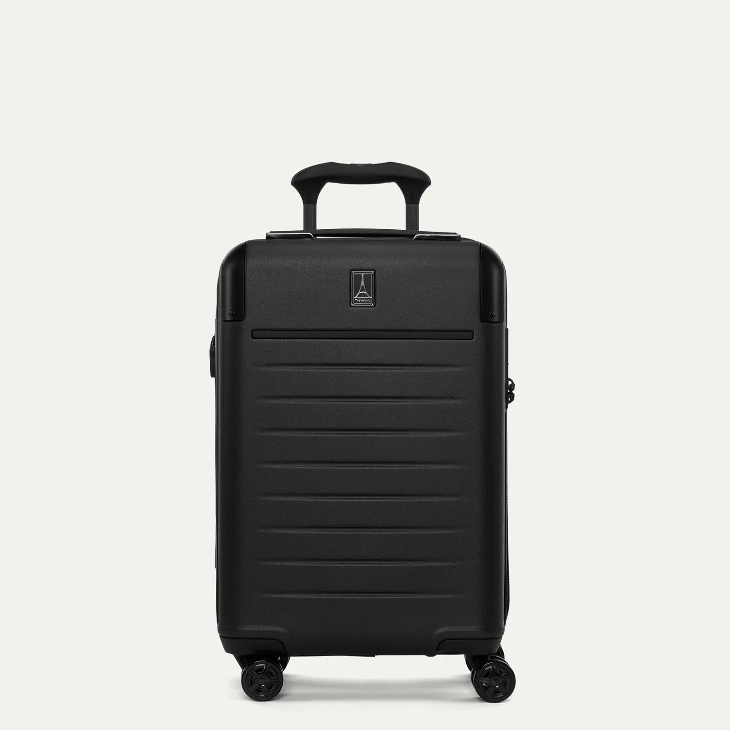 Front view of the Travelpro Platinum Elite Compact Carry-On Hardside Spinner in Shadow Black, showing the durable polycarbonate shell, precision-engineered telescoping handle, and self-aligning spinner wheels.