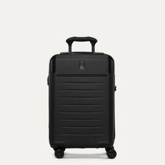 Front view of the Travelpro Platinum Elite Compact Carry-On Hardside Spinner in Shadow Black, showing the durable polycarbonate shell, precision-engineered telescoping handle, and self-aligning spinner wheels.