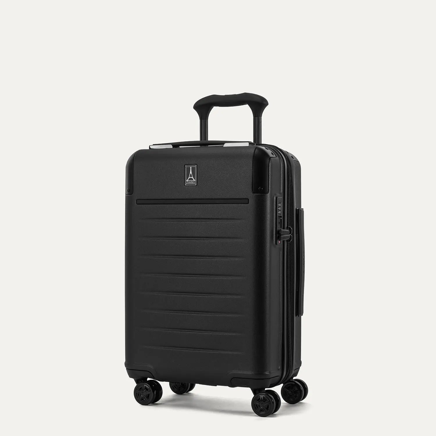 Front angled view of the Travelpro Platinum Elite Compact Carry-On Hardside Spinner in Shadow Black, highlighting the sleek polycarbonate shell, polished aluminum corner armor, and the integrated TSA lock.