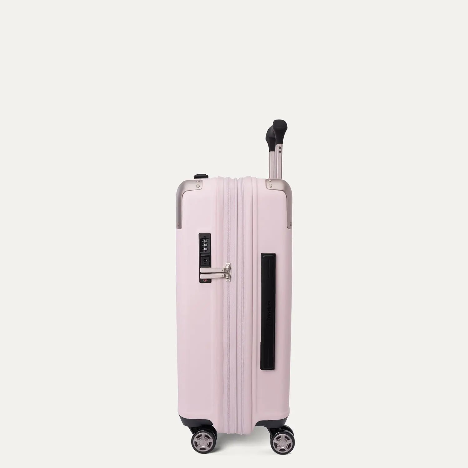 Side profile view of the light pink Travelpro Platinum Elite Next Gen Powder Pink Suitcase, featuring an extended telescopic handle, a black side handle grip, an integrated digital combination lock, and multi-directional spinner wheels against a solid off-white background.