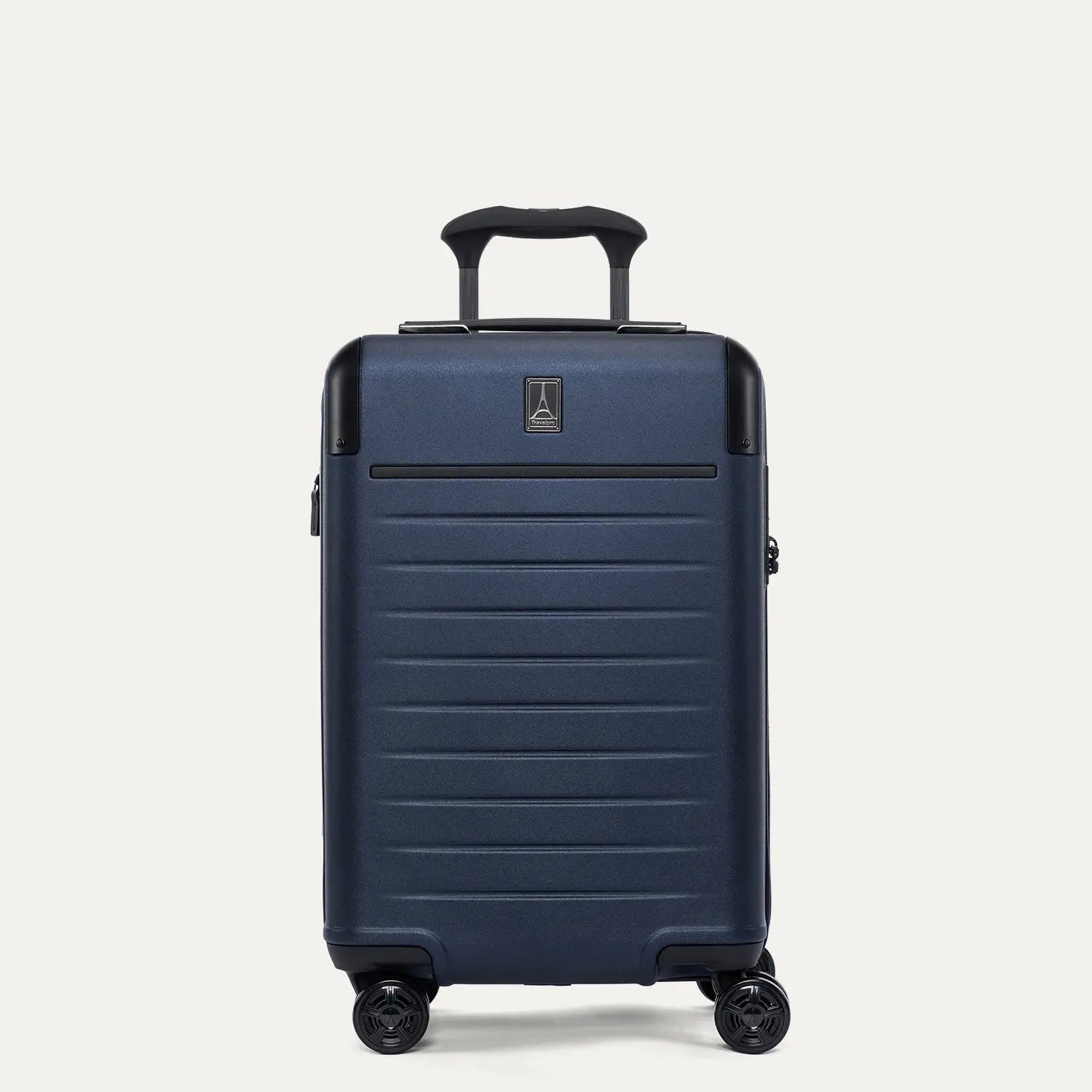 Front view of the Travelpro Platinum Elite Carry-On Hardside Spinner in Aviator Navy, featuring the durable polycarbonate shell, leather-trimmed front branding, and the multi-stop PowerScope Lite handle.