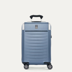 Front view of the Travelpro Platinum Elite Carry-On Hardside Spinner in Dark Sky Blue, featuring the durable polycarbonate shell, leather-trimmed front branding, and the multi-stop PowerScope Lite handle.