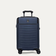 Front view of the Travelpro Platinum Elite Carry-On Hardside Spinner in Aviator Navy, featuring the durable polycarbonate shell, leather-trimmed front branding, and the multi-stop PowerScope Lite handle.