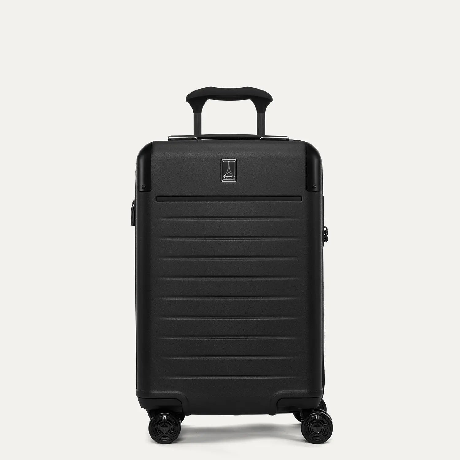 Front view of the Travelpro Platinum Elite Carry-On Hardside Spinner in Jet Black, featuring the durable polycarbonate shell, leather-trimmed front branding, and the multi-stop PowerScope Lite handle.