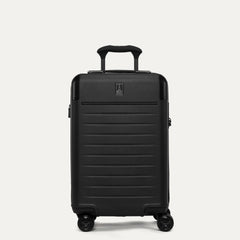 Front view of the Travelpro Platinum Elite Carry-On Hardside Spinner in Jet Black, featuring the durable polycarbonate shell, leather-trimmed front branding, and the multi-stop PowerScope Lite handle.