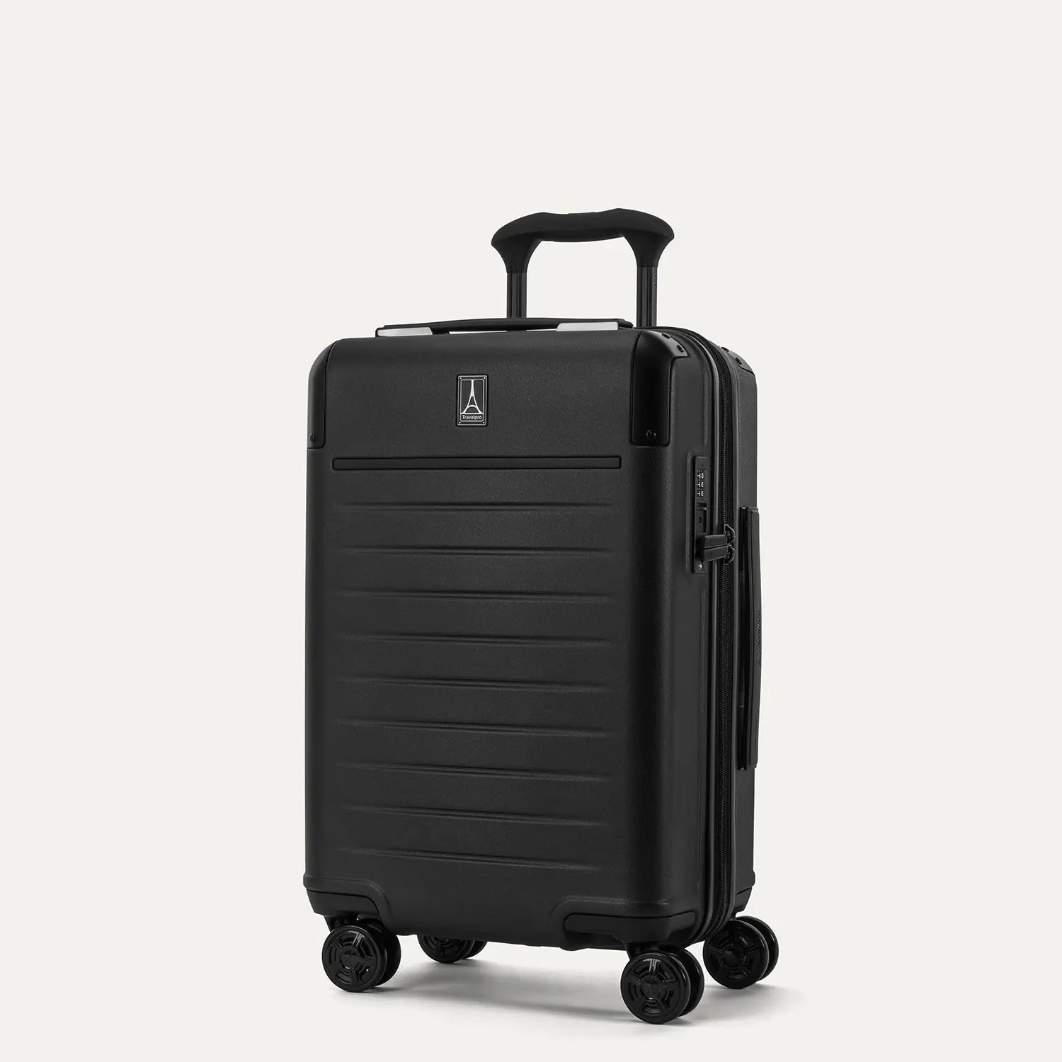 Three-quarter angled view of the Travelpro Platinum Elite Carry-On Hardside Spinner in Jet Black, showing the telescoping PowerScope Lite handle, integrated TSA lock, and dual spinner wheels.