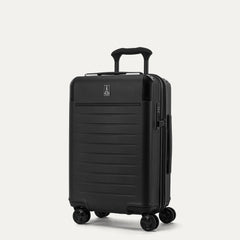 Three-quarter angled view of the Travelpro Platinum Elite Carry-On Hardside Spinner in Jet Black, showing the telescoping PowerScope Lite handle, integrated TSA lock, and dual spinner wheels.