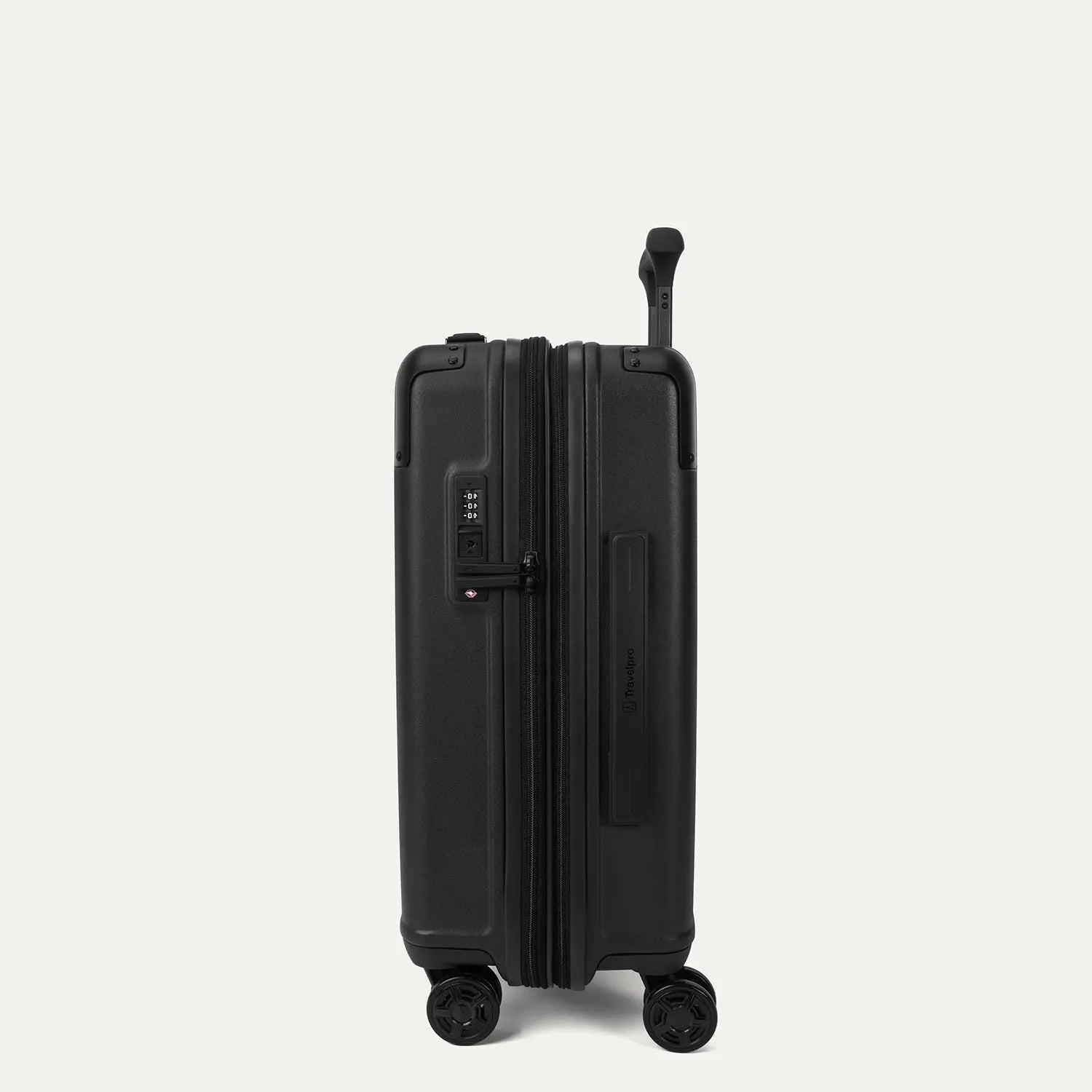 Side profile view of the Travelpro Platinum Elite Carry-On Hardside Spinner in Jet Black, showing the integrated TSA-approved lock, side carry handle, and the slim profile of the durable polycarbonate shell.
