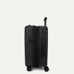 Side profile view of the Travelpro Platinum Elite Carry-On Hardside Spinner in Jet Black, showing the zippered expansion feature that provides additional packing capacity.