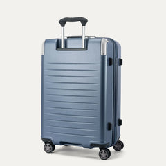 Rear view of the Travelpro Platinum Elite Medium Check-In Hardside Spinner in Dark Sky Blue, showing the sturdy PowerScope Lite handle and the durable, textured polycarbonate shell.