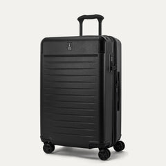 Three-quarter angled view of the Travelpro Platinum Elite Medium Check-In Hardside Spinner in Jet Black, showing the extended PowerScope Lite handle and dual spinner wheels.