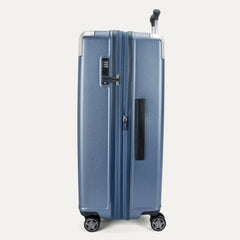 Side profile view of the Travelpro Platinum Elite Large Check-In Hardside Spinner in Dark Sky Blue, showing the expansion zipper, integrated TSA-approved lock, and side carry handle.