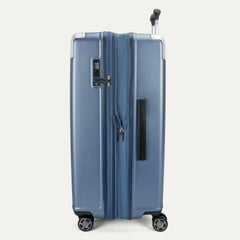 Side profile view of the Travelpro Platinum Elite Large Check-In Hardside Spinner in Dark Sky Blue, showing the expansion zipper, integrated TSA-approved lock, and side carry handle.