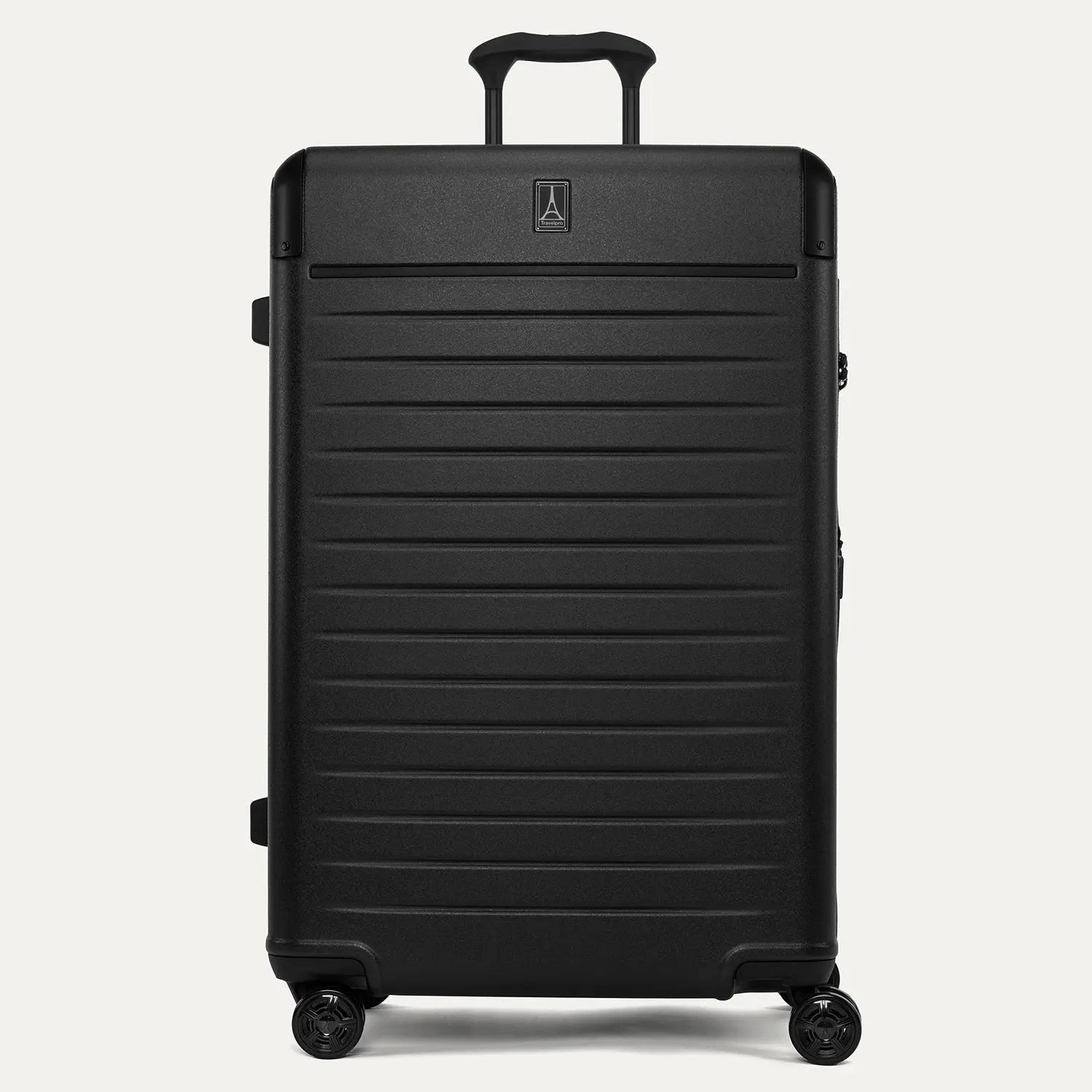 Front view of the Travelpro Platinum Elite Large Check-In Hardside Spinner in Jet Black, featuring a durable polycarbonate shell, aluminum corner armor, and genuine leather trim.