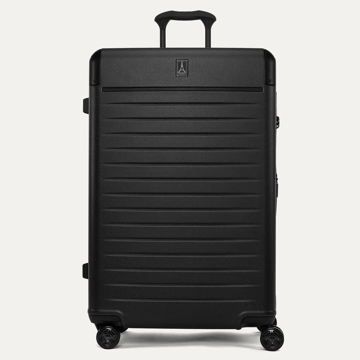 Front view of the Travelpro Platinum Elite Large Check-In Hardside Spinner in Jet Black, featuring a durable polycarbonate shell, aluminum corner armor, and genuine leather trim.