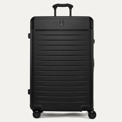 Front view of the Travelpro Platinum Elite Large Check-In Hardside Spinner in Jet Black, featuring a durable polycarbonate shell, aluminum corner armor, and genuine leather trim.