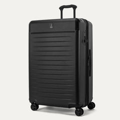 Front 3/4 view of the Travelpro Platinum Elite Large Check-In Hardside Spinner in Jet Black, featuring a high-impact polycarbonate shell, aluminum corner armor, and 360-degree spinner wheels.