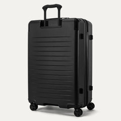 Rear view of the Travelpro Platinum Elite Large Check-In Hardside Spinner in Jet Black, showing the sturdy PowerScope Lite handle and the durable, textured polycarbonate shell.
