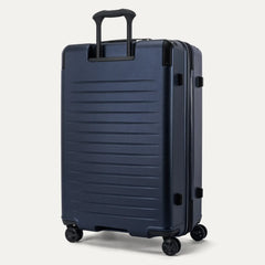 Rear view of the Travelpro Platinum Elite Large Check-In Hardside Spinner in Aviator Navy, showing the sturdy PowerScope Lite handle and the durable, textured polycarbonate shell.