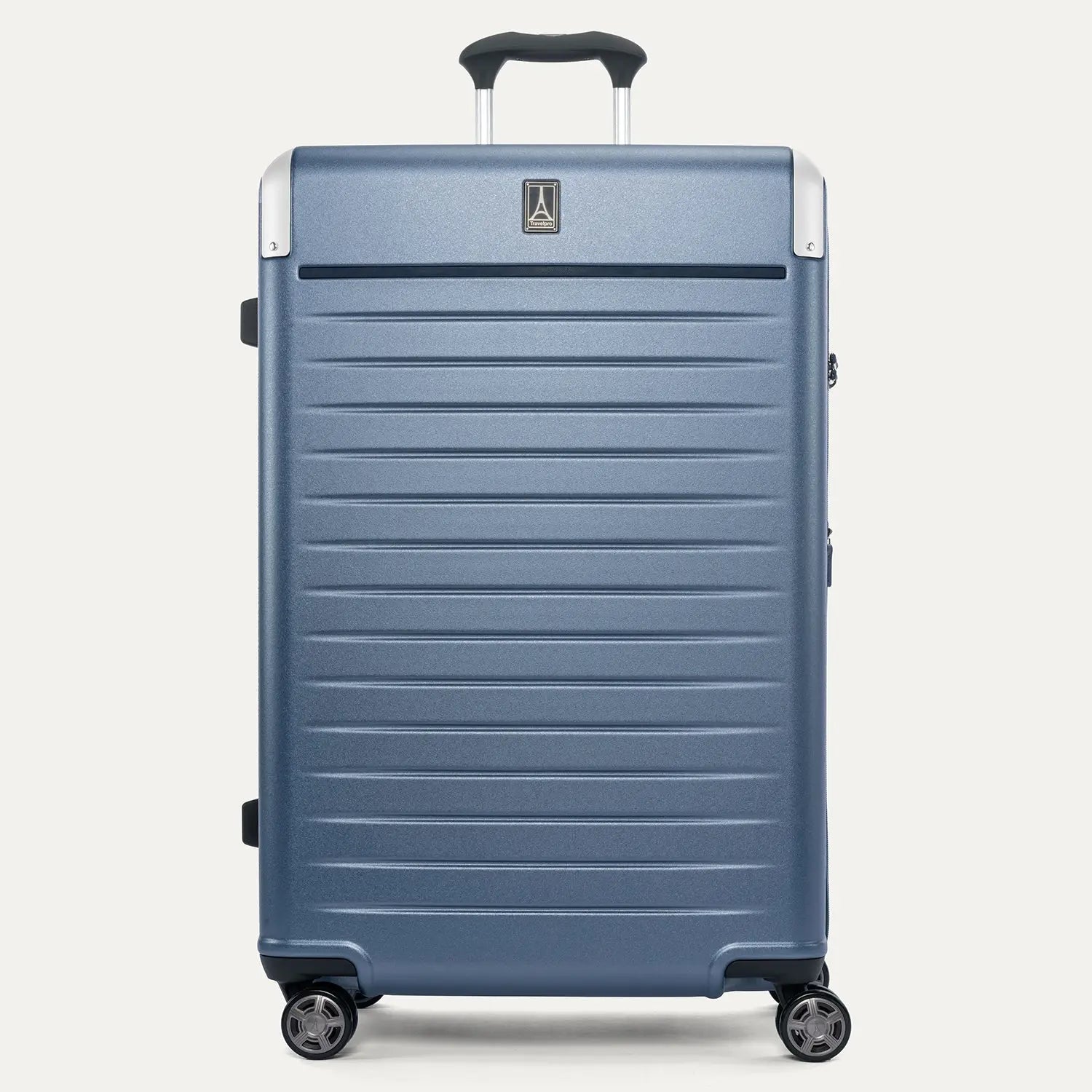Front view of the Travelpro Platinum Elite Large Check-In Hardside Spinner in Dark Sky Blue, featuring a high-impact polycarbonate shell, aluminum corner armor, and genuine leather trim.