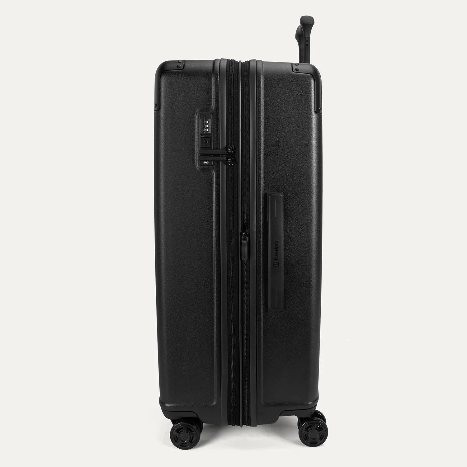 Side profile view of the Travelpro Platinum Elite Large Check-In Hardside Spinner in Jet Black, showing the expansion zipper, TSA-approved lock, and side carry handle.