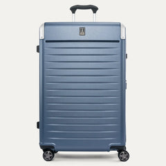 Front view of the Travelpro Platinum Elite Large Check-In Hardside Spinner in Dark Sky Blue, featuring a high-impact polycarbonate shell, aluminum corner armor, and genuine leather trim.