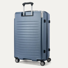 Rear view of the Travelpro Platinum Elite Large Check-In Hardside Spinner in Dark Sky Blue, showing the sturdy PowerScope Lite handle and the durable, textured polycarbonate shell.
